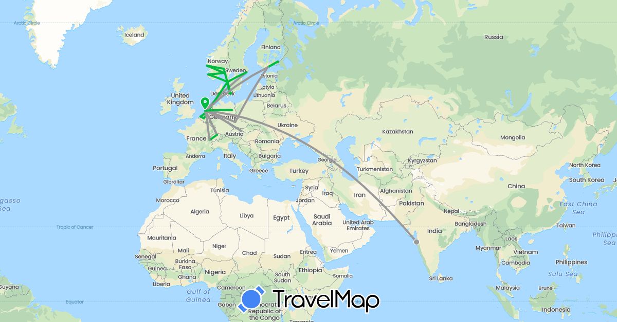 TravelMap itinerary: bus, plane in Austria, Belgium, Switzerland, Czech Republic, Germany, Denmark, Finland, India, Netherlands, Norway, Sweden (Asia, Europe)